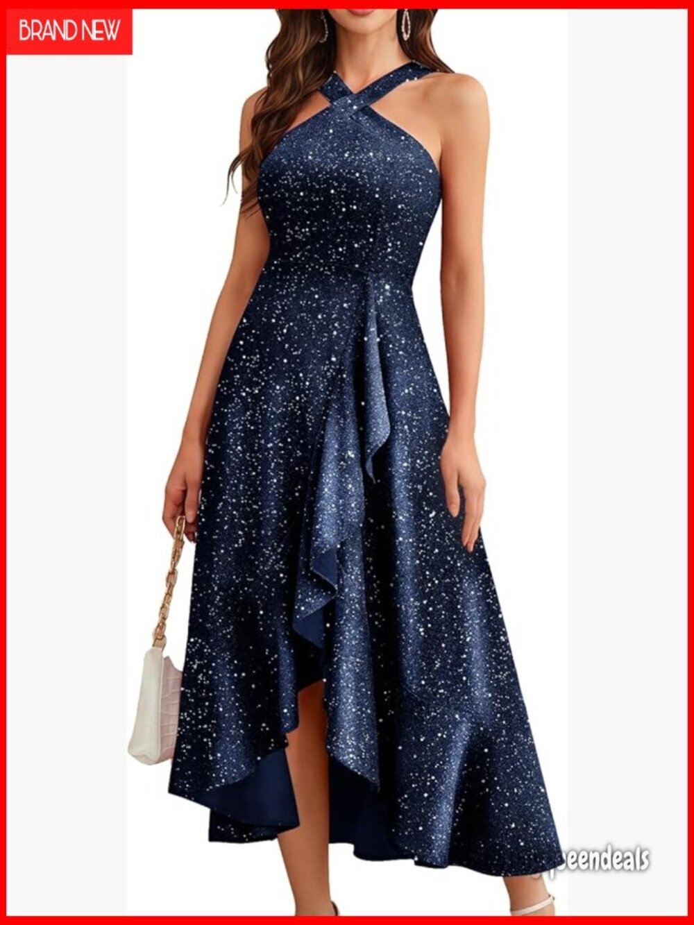 Halter Sequin Maxi Dress Formal Evening Gown Hi-Lo Hem Wedding Guest